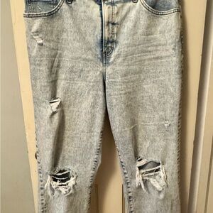 Express Women’s Modern Straight Super High Rise Distressed Light Blue Jeans